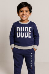 Featherhead Baby Kids' Awesome Dude Blue Full-Sleeve Sweatshirt & Navy Pants Set